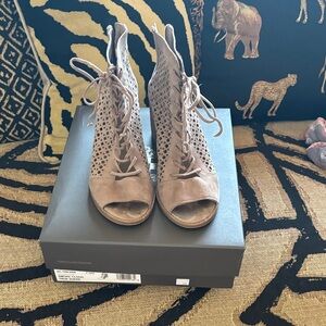 Vince Camuto Lace-Up Peep-Toe Booties in Taupe Suede